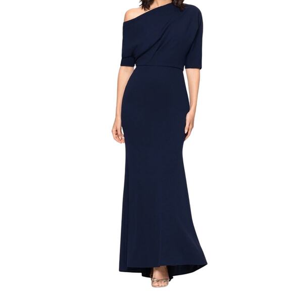 Betsy & Adam Madeline Long scuba crepe off the shoulder drop dress size 6 - Picture 1 of 8